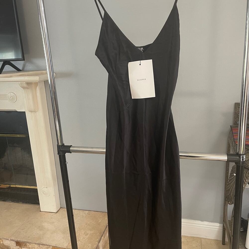 Sleeper Women's Black Silk Satin Slip Dress V-Neck Midi Length Size M